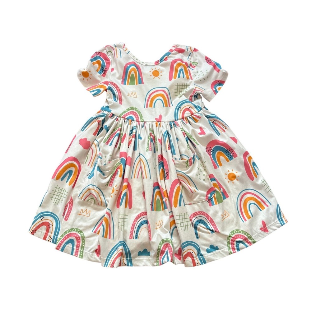 Mila & Rose Rainbow Print Pocket Dress Kids White Short Sleeve SIZE 4T